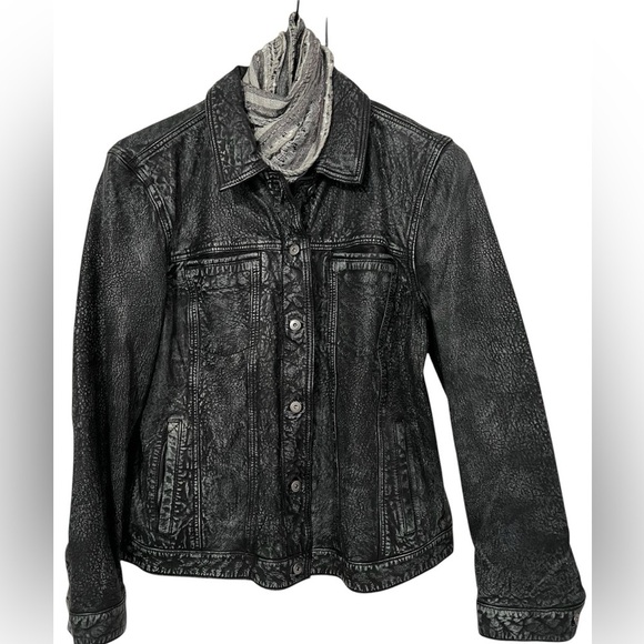Leather Trucker Jacket Unisex Size XXL Black Stonewashed - Picture 2 of 6